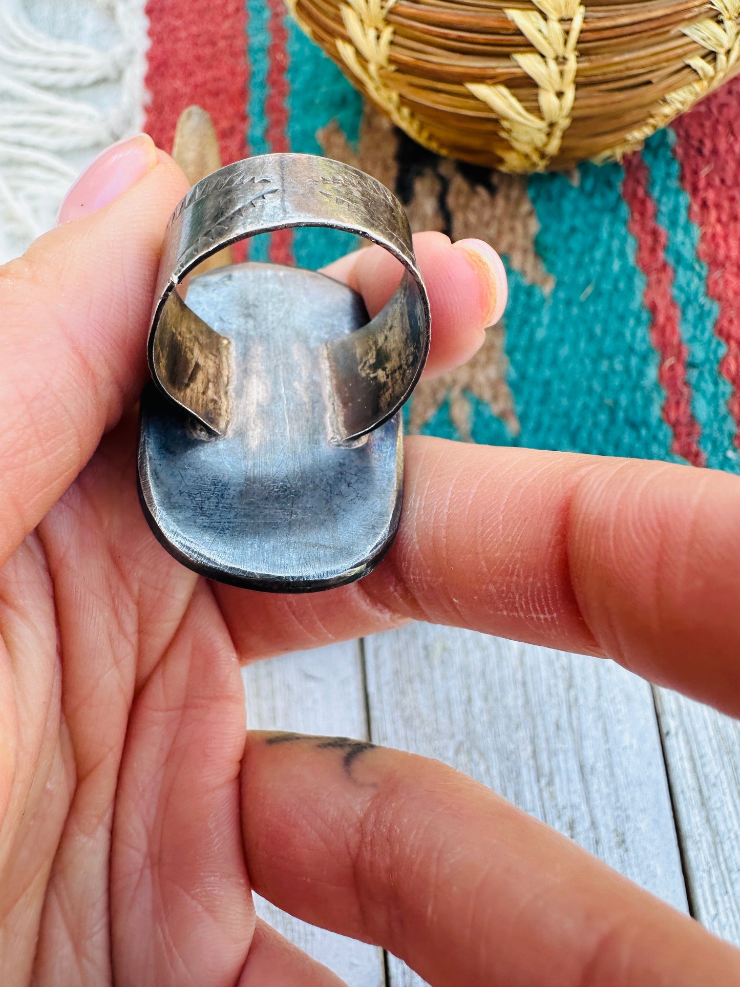 Old Pawn Handcrafted Sterling Silver, Turquoise & Coral Ring Size 11