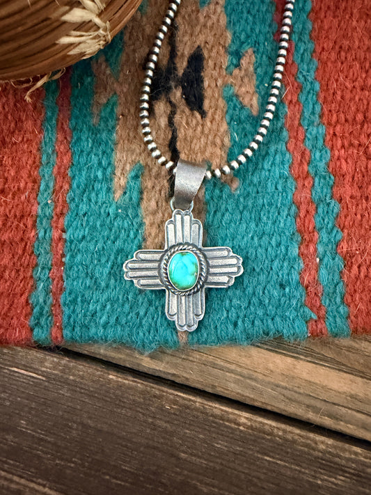 Handcrafted Sterling Silver & Sonoran Mountain Turquoise Zia Cross Pendant by Kevin Billah