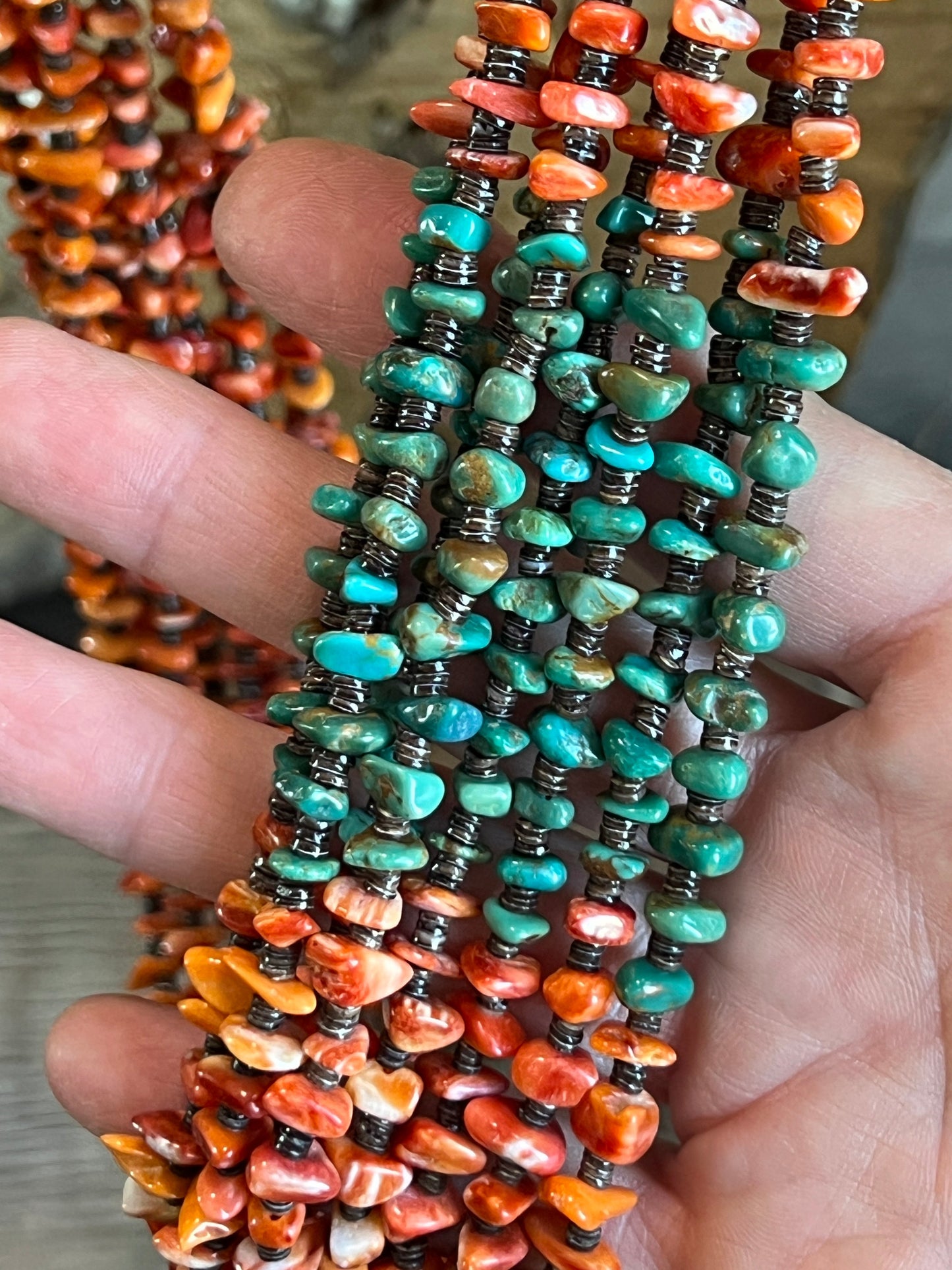 Gorgeous Handcrafted Made Eight Strand Spiny Oyster and Turquoise Beaded Squaw Wrap Necklace by Daniel Coriz