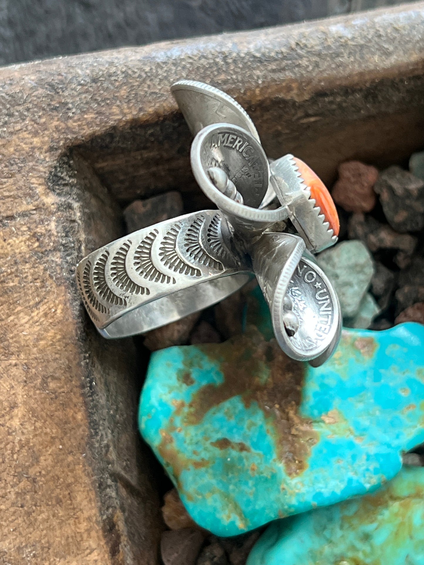 Handcrafted Sterling and Coin Silver Mercury Dime Flower Ring with Orange Spiny Oyster by James Begay, Adjustable