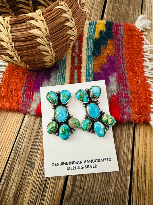 Handcrafted Sonoran Mountain Turquoise & Sterling Silver Cluster Stud Post Earrings by Debra Smith