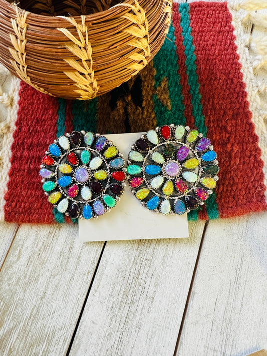 Handcrafted Multicolor Opal And Sterling Silver Cluster Post Earrings