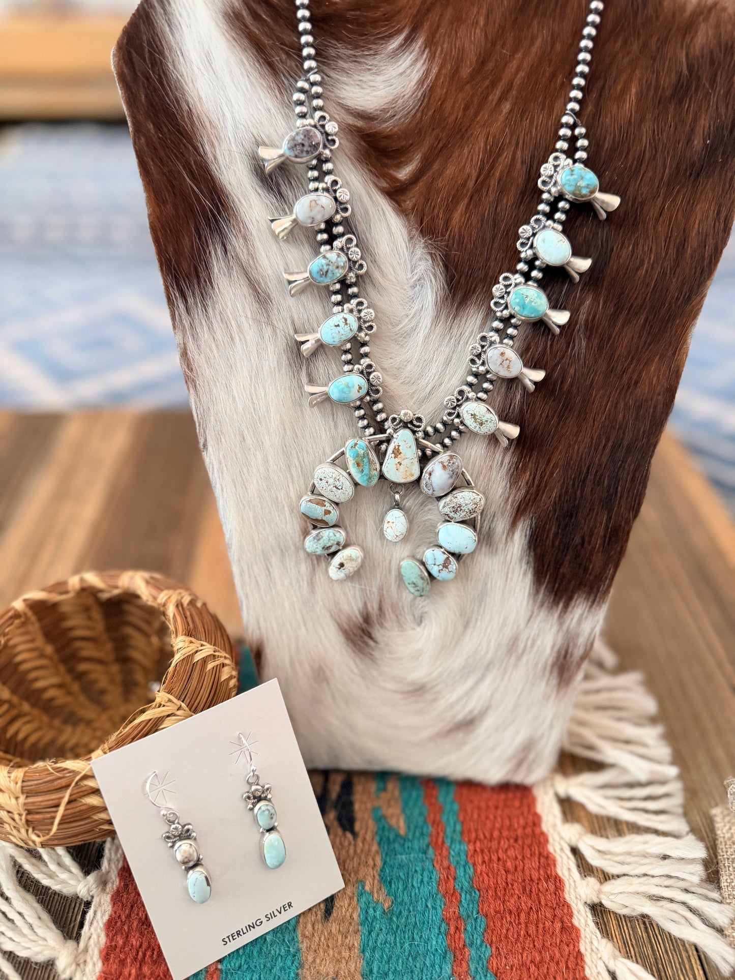 Handcrafted Dry Creek Turquoise & Sterling Silver Squash Blossom Necklace and Earring Set
