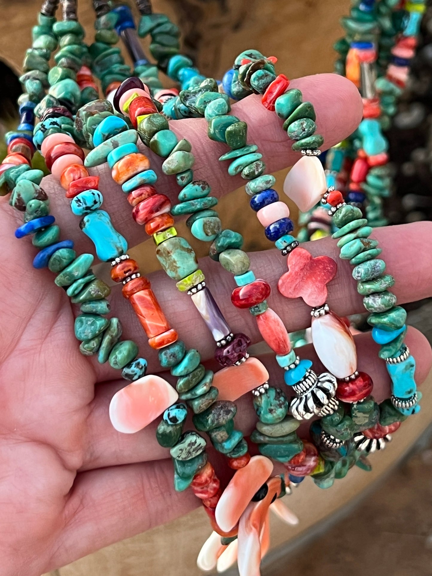 Gorgeous Handcrafted Made Six Strand Turquoise and Spiny Oyster Beaded Squaw Wrap Necklace, Green