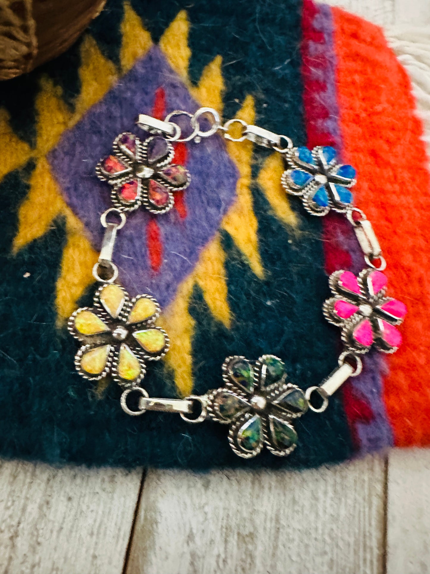 Handcrafted Multicolor Opal & Sterling Silver Flower Link Bracelet