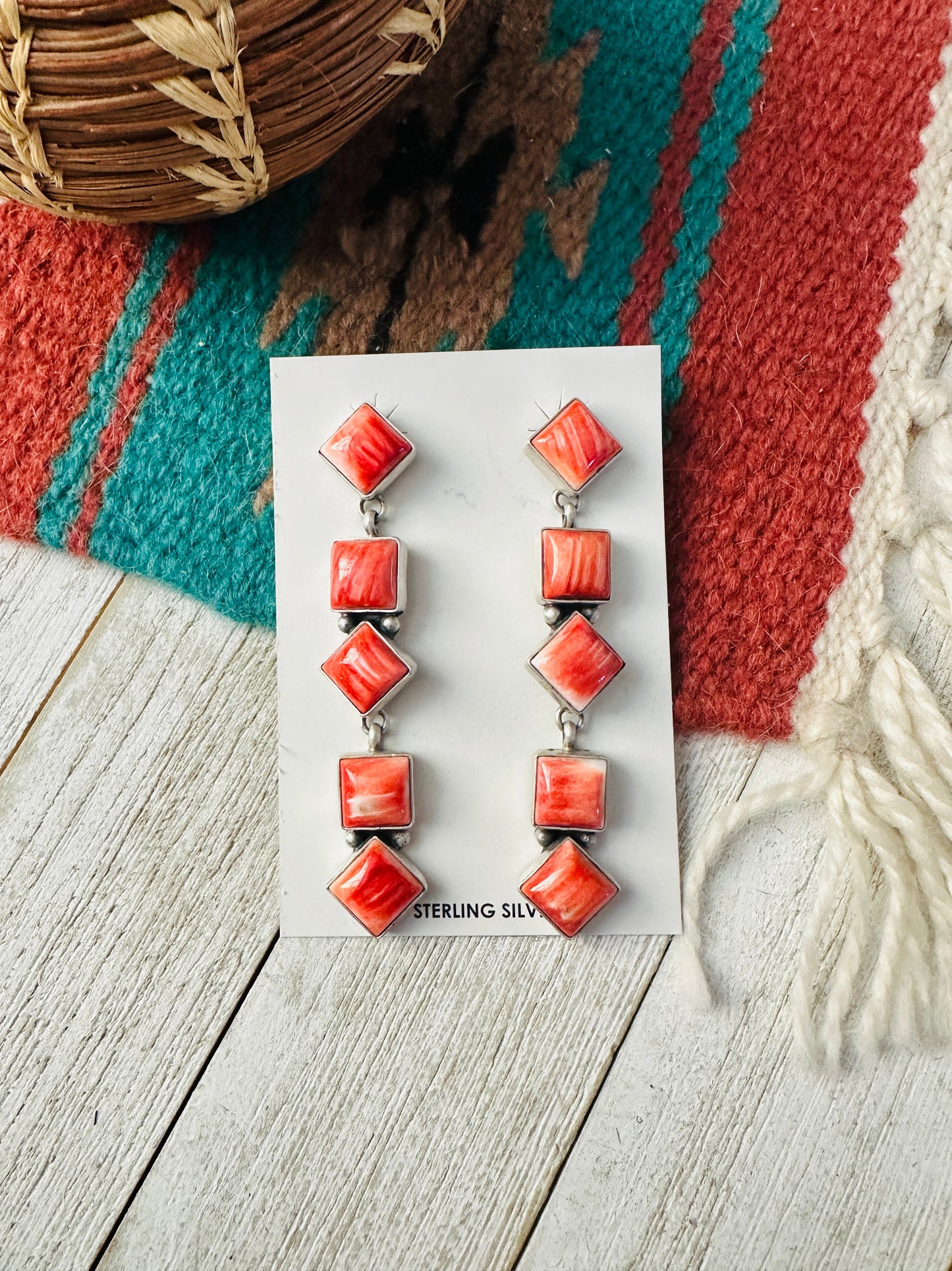 Handcrafted Orange Spiny and Sterling Silver Dangle Earrings
