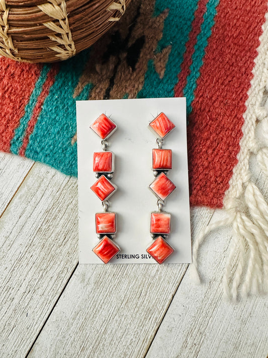 Handcrafted Orange Spiny and Sterling Silver Dangle Earrings
