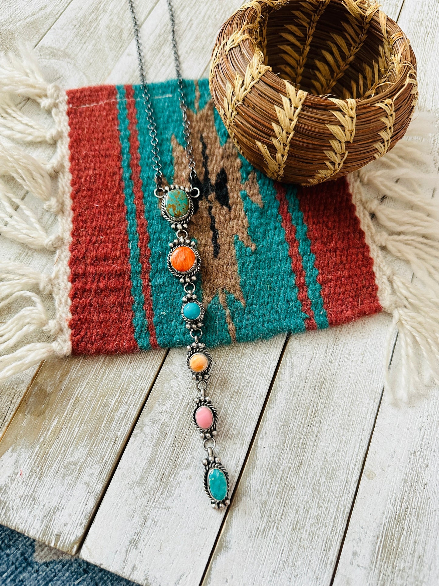 Handcrafted Sterling Silver & Multi Stone Lariat Necklace
