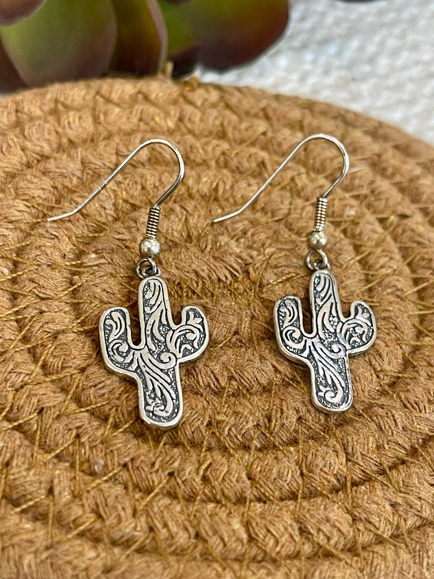 Old Pawn Handmade Sterling Silver Cactus Dangle Earrings