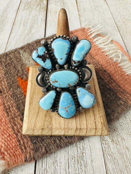 Handcrafted Golden Hills Turquoise & Sterling Silver Cluster Ring Size 10