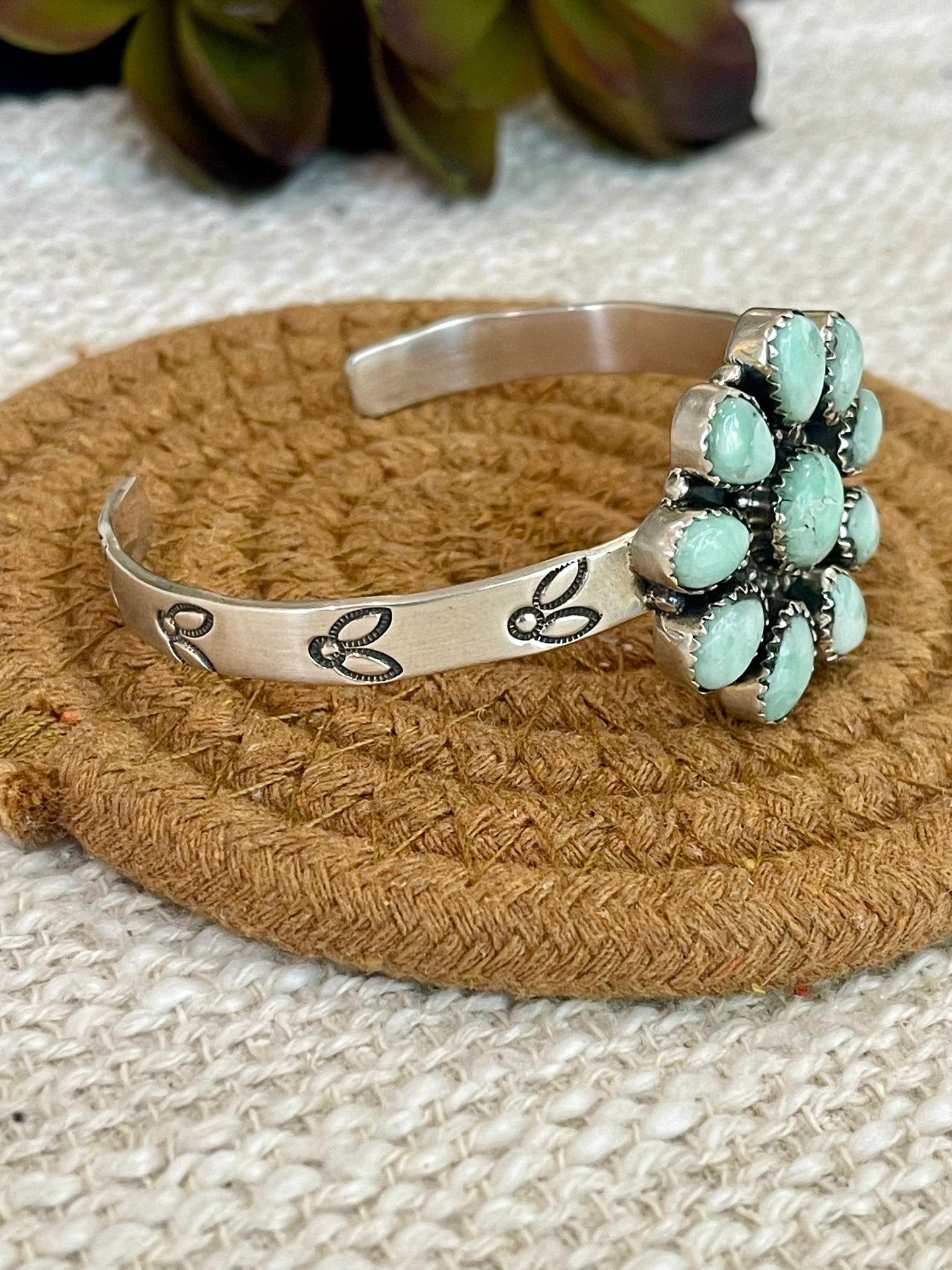 Handmade Sterling Silver, Mint Dahlia Adjustable Flower Cuff Bracelet
