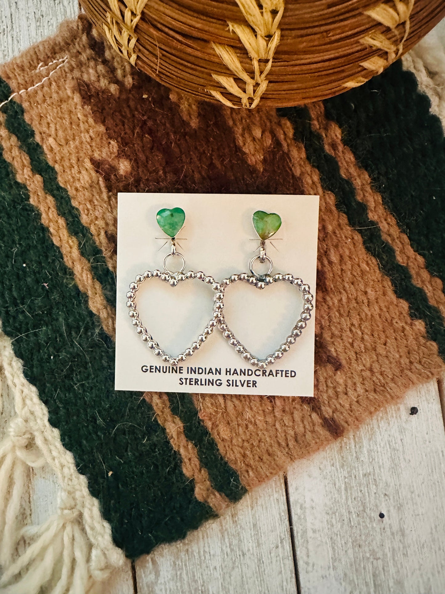 Handcrafted Sonoran Gold Turquoise & Sterling Silver Heart Dangle Earrings