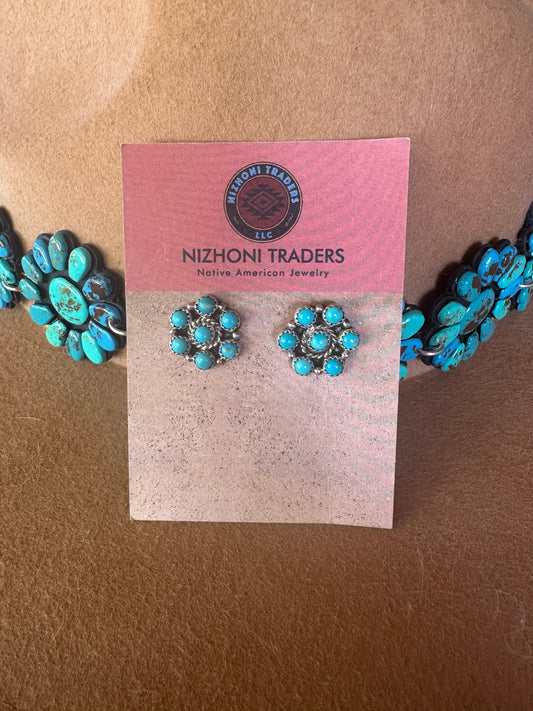 Beautiful Navajo Turquoise And Sterling Silver 7 Stone Flower Post Earrings