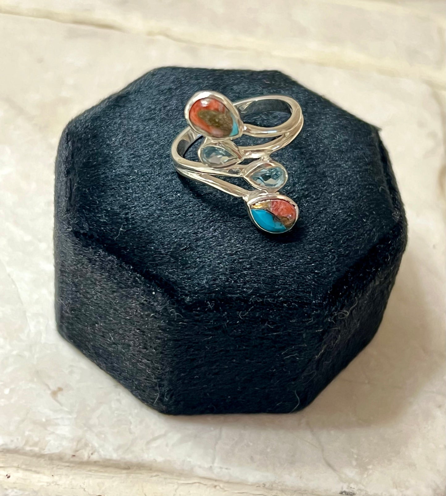 Turquoise, Blue Topaz and Spiny Oyster Sterling Silver Ring Size 7