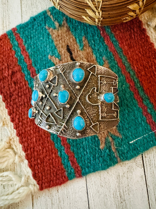 Handcrafted Turquoise & Sterling Silver Thunderbird Tufa Cast Cuff Bracelet by Delbert Arviso /