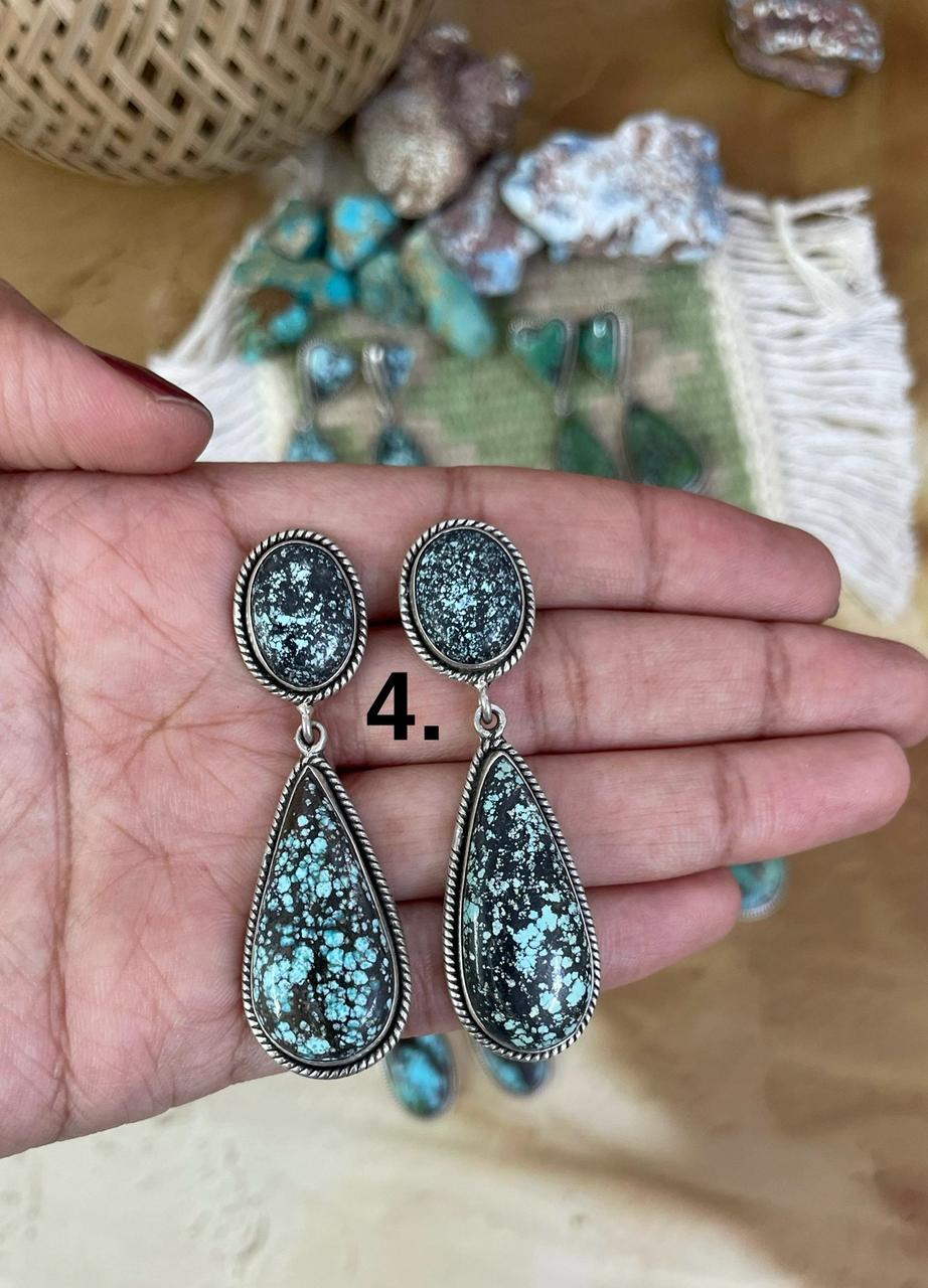 Handmade Sterling Silver Lander Turquoise Post Earrings, Signed Nizhoni