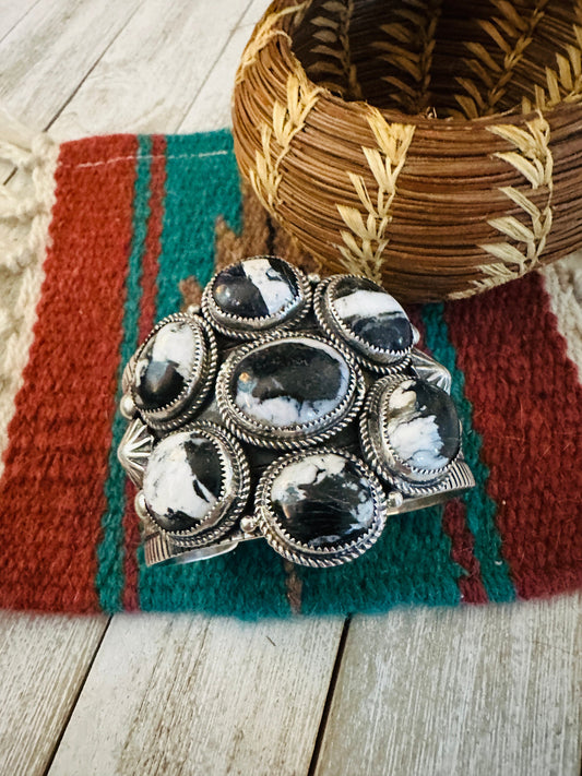 Handcrafted White Buffalo & Sterling Silver Cluster Cuff Bracelet