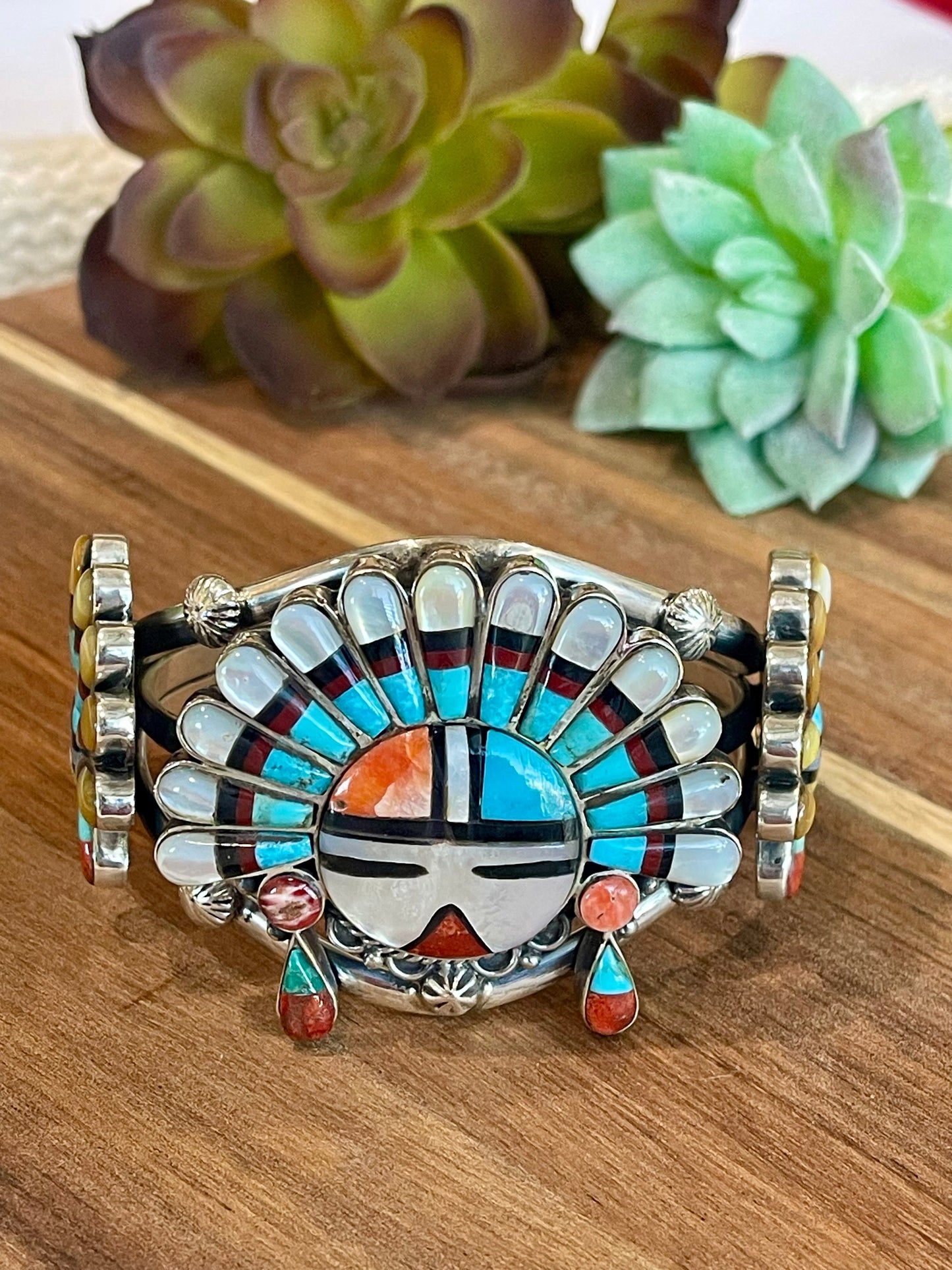 Handmade Sterling Silver & Multistone Sun Face Adjustable  Cuff Bracelet /