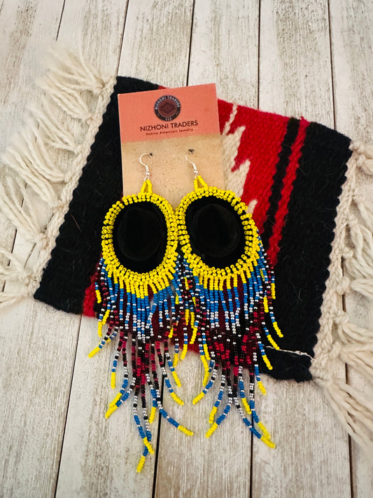 Handcrafted Beaded Cowboy Hat Dangle Earrings- yellow
