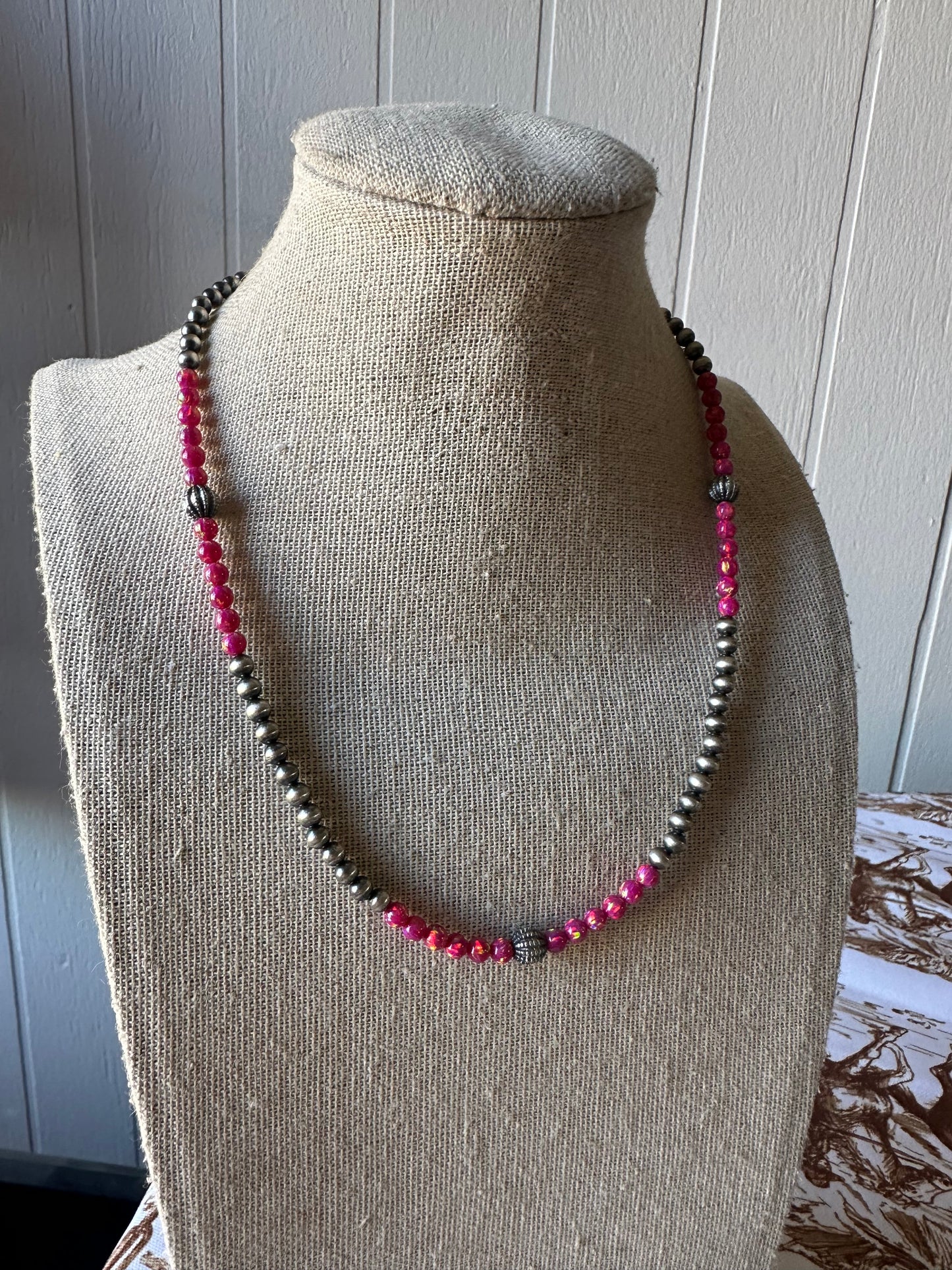 Handmade Navajo Pearl Style Sterling Silver, Dark Pink Fire Opal Beaded Necklace