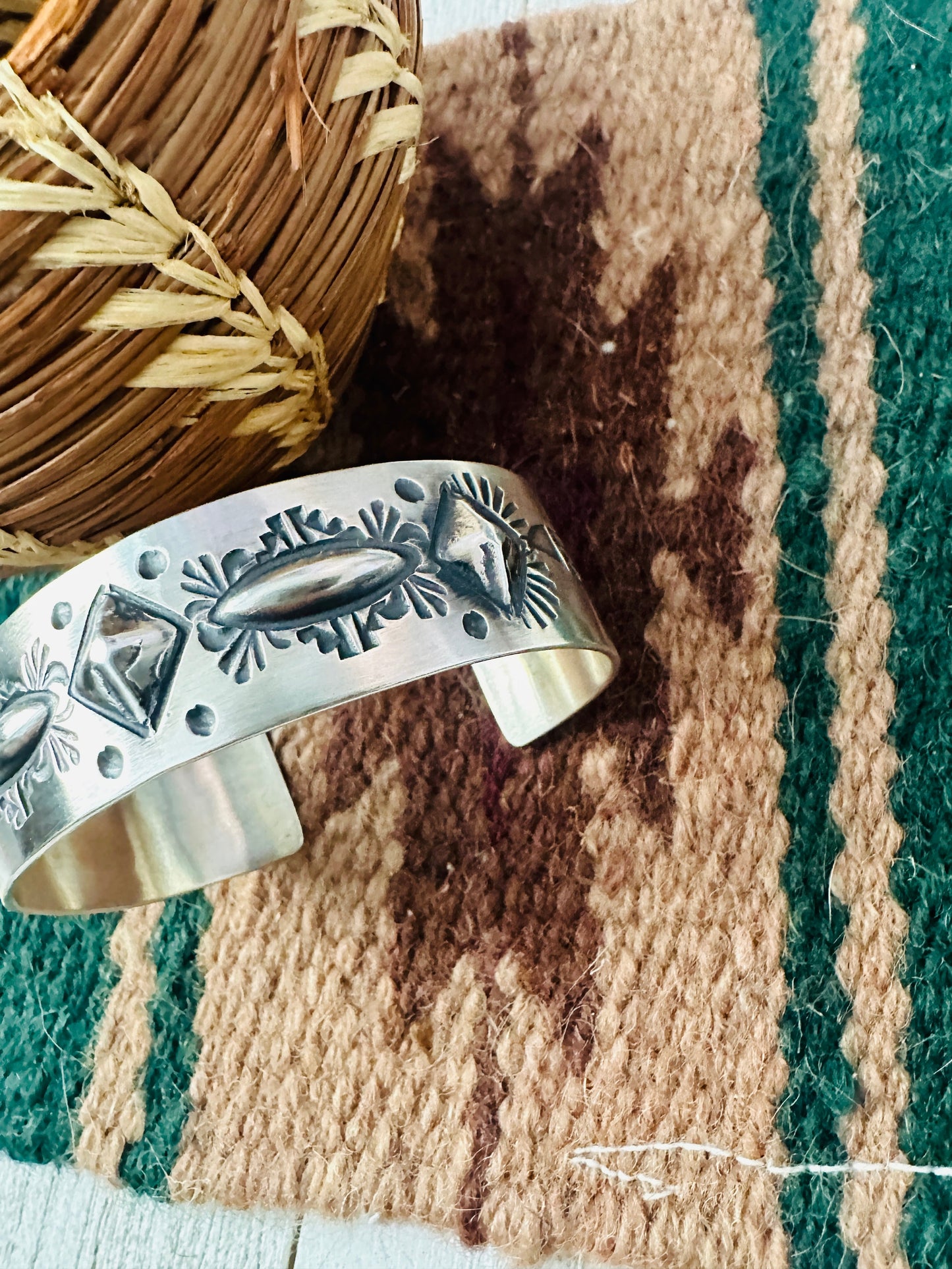 Handcrafted Stamped Sterling Silver Cuff Bracelet By Elvira Bill
