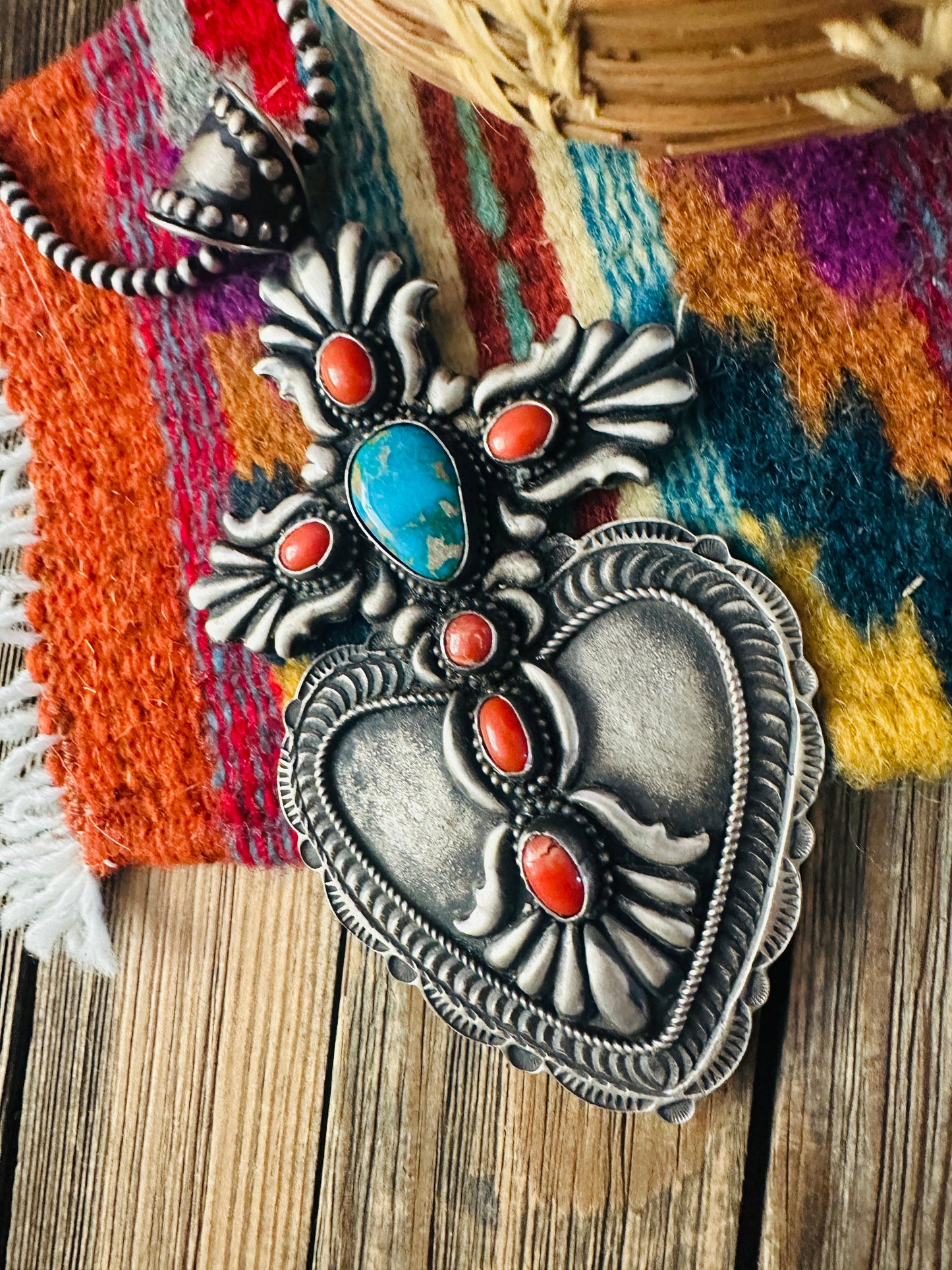 Handcrafted Sterling Silver, Turquoise & Coral Heart Cross Pendant by Shawn Cayatineto
