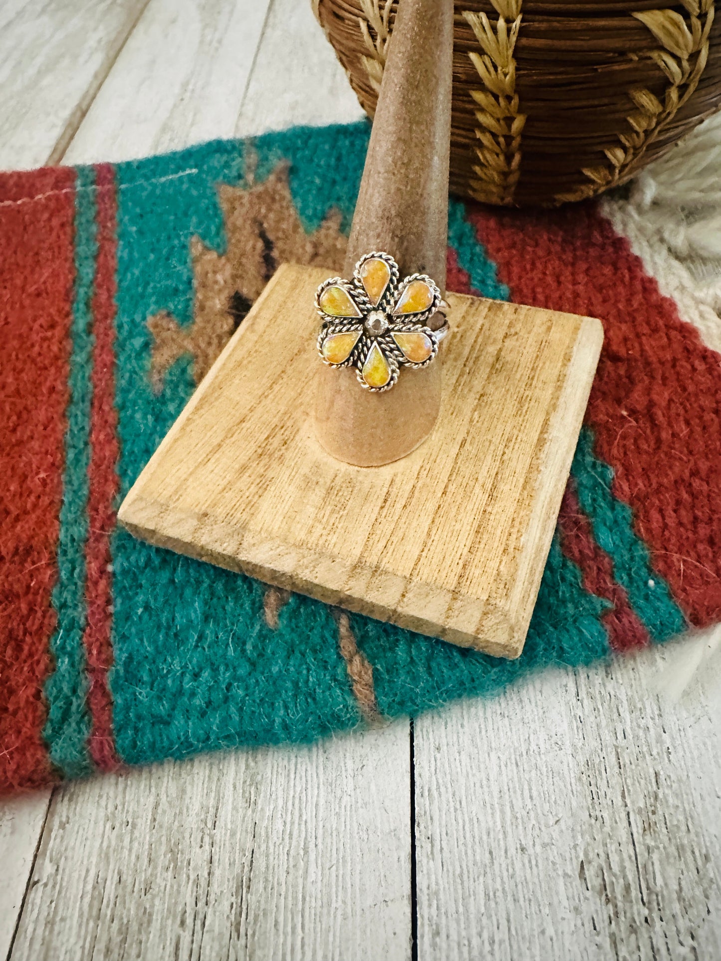 Handcrafted Sterling Silver & Yellow Opal Flower Ring Size 9