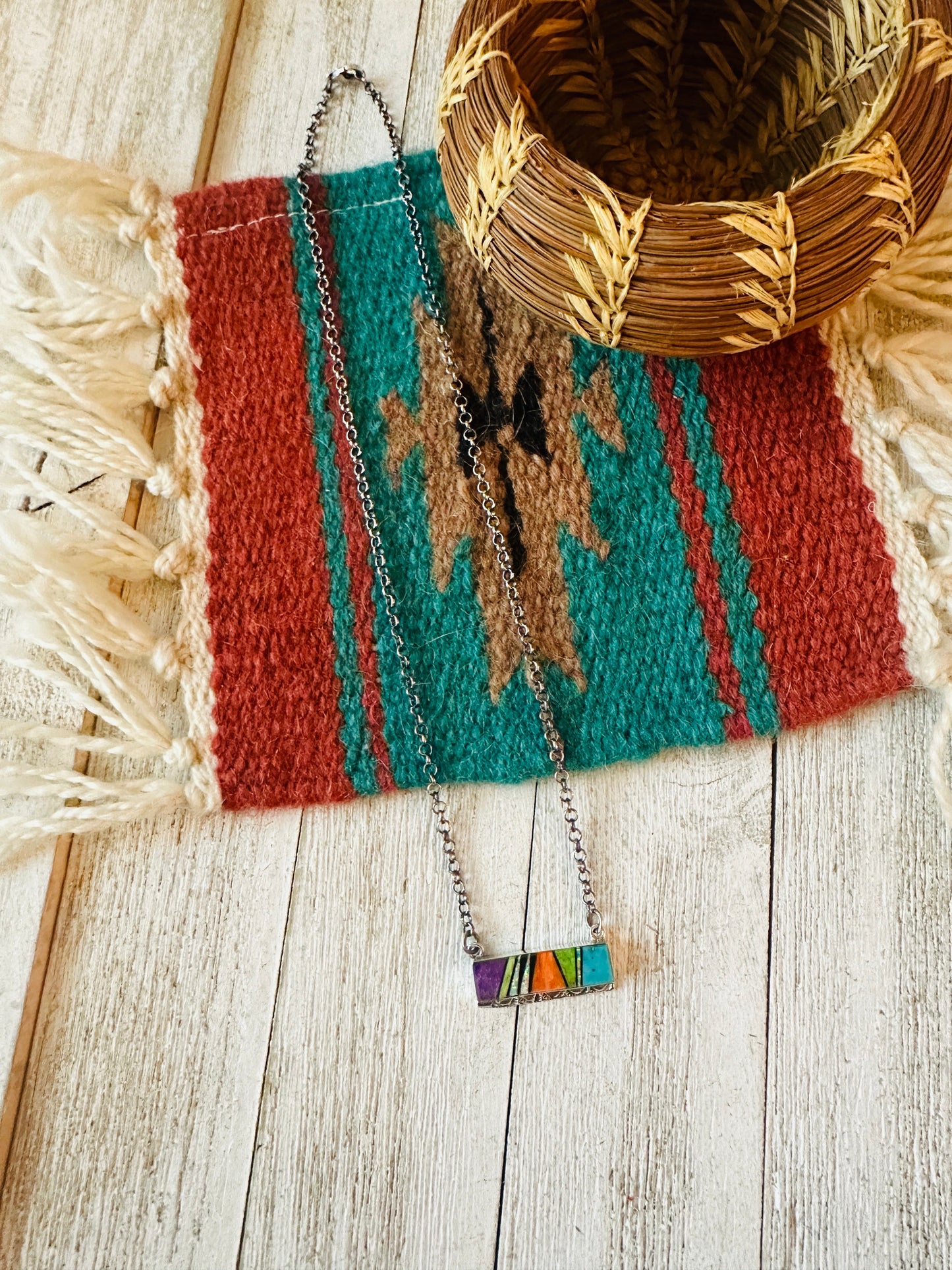 Handcrafted Multi Stone & Sterling Silver Inlay Bar Necklace