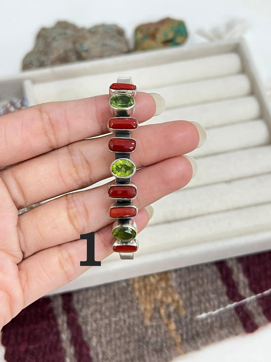Christmas Collection Handmade Sterling Silver Coral with Peridot Bracelet with Signed Nizhoni