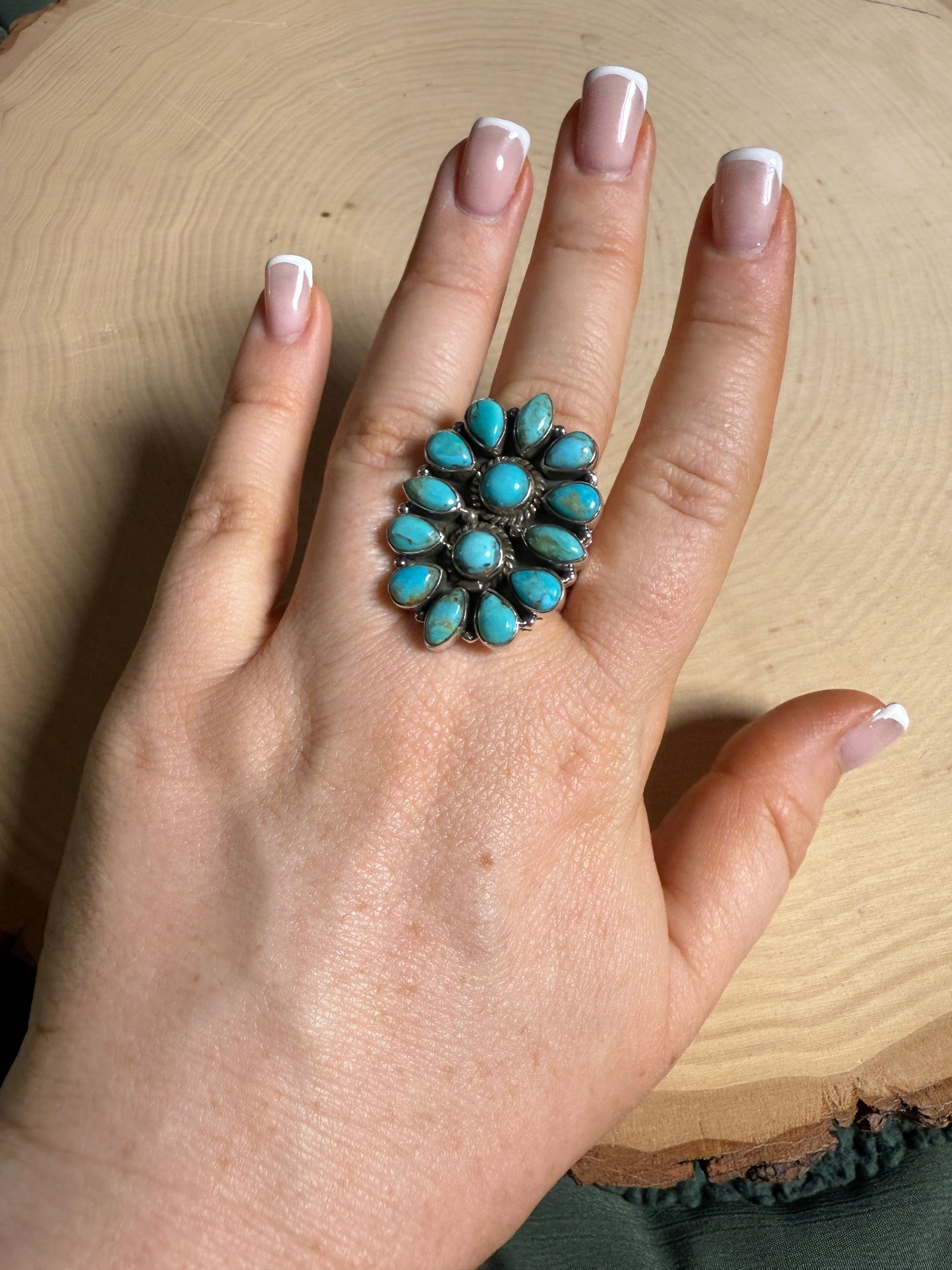 Handmade Kingman Turquoise & Sterling Adjustable Cluster Ring