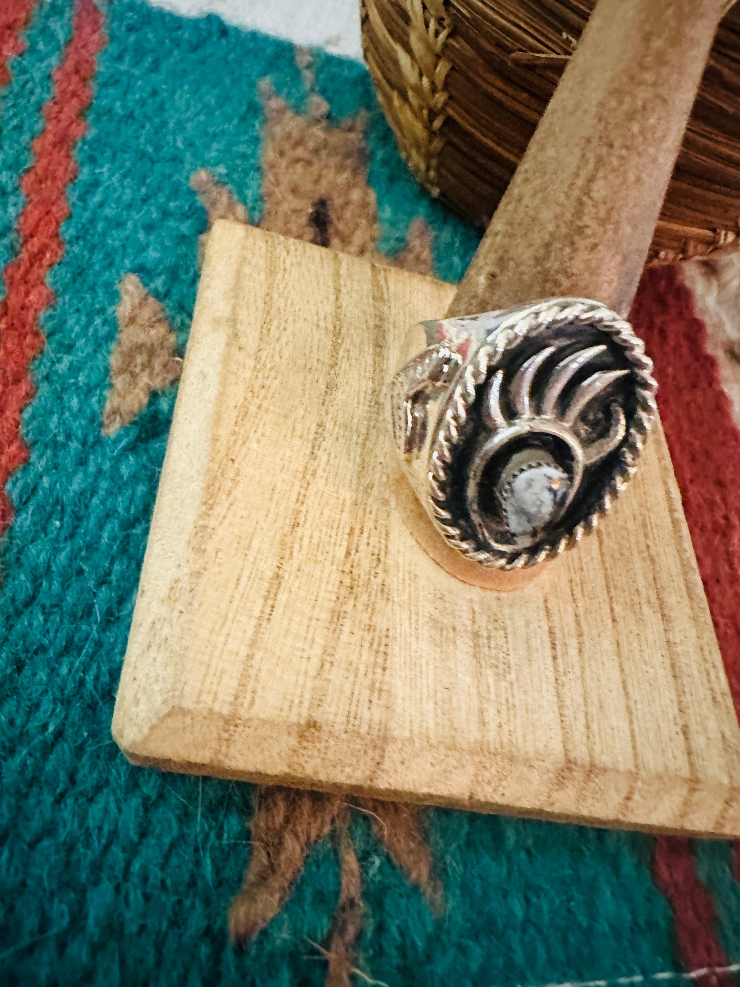 Handcrafted White Buffalo & Sterling Silver Bear Paw Cigar Band Ring Size 11