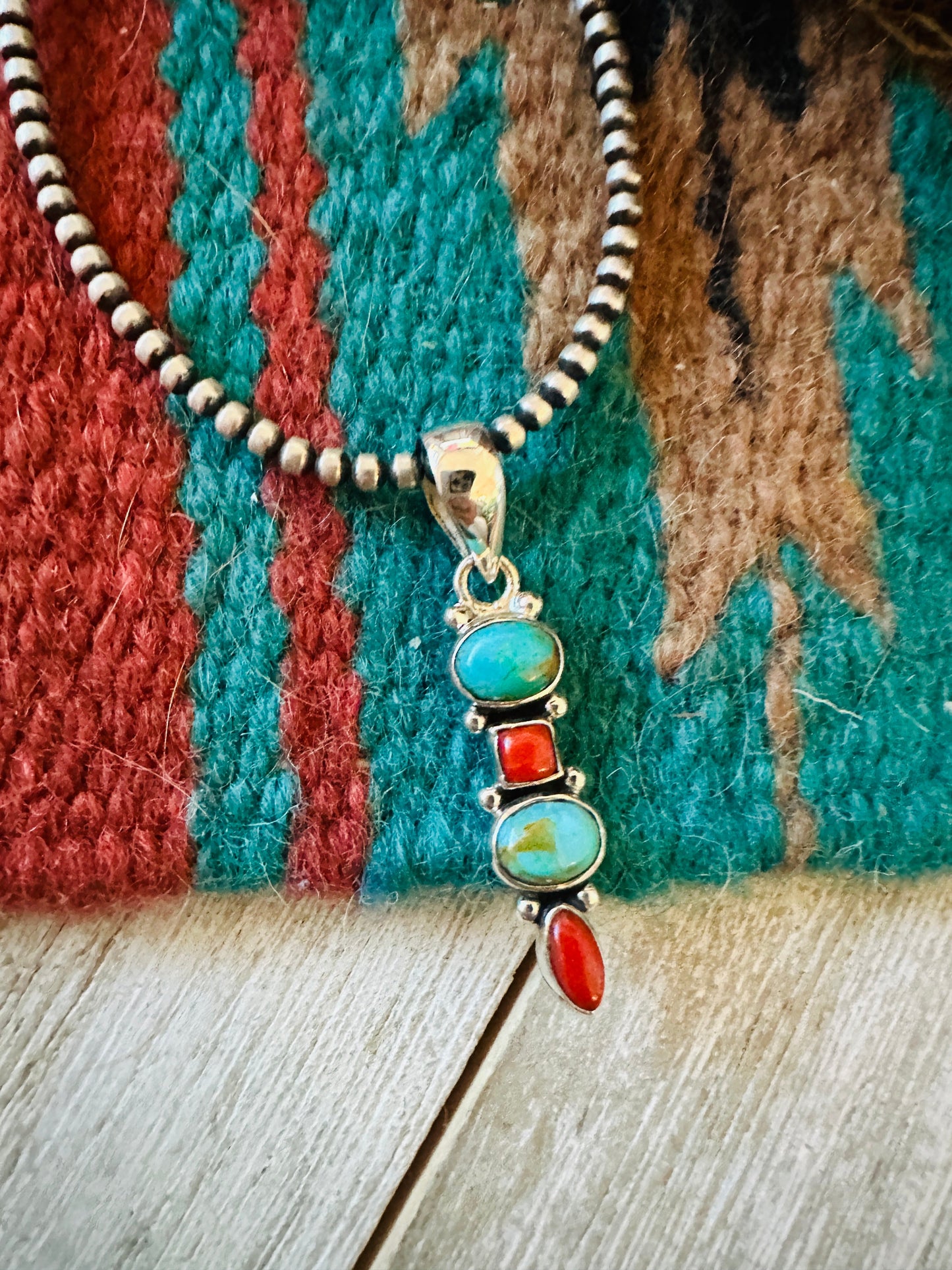 ** Christmas Collection ** Handmade Sterling Silver, Coral & Turquoise Pendant Signed Nizhoni
