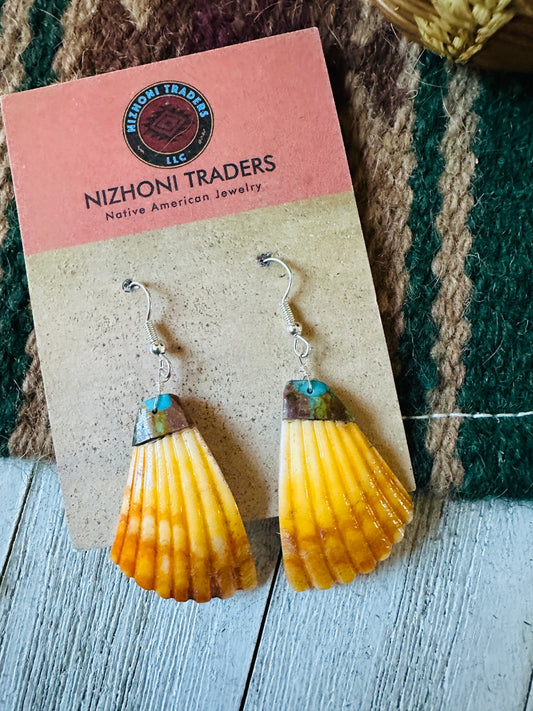 Handcrafted Shell & Turquoise Feather Dangle Earrings