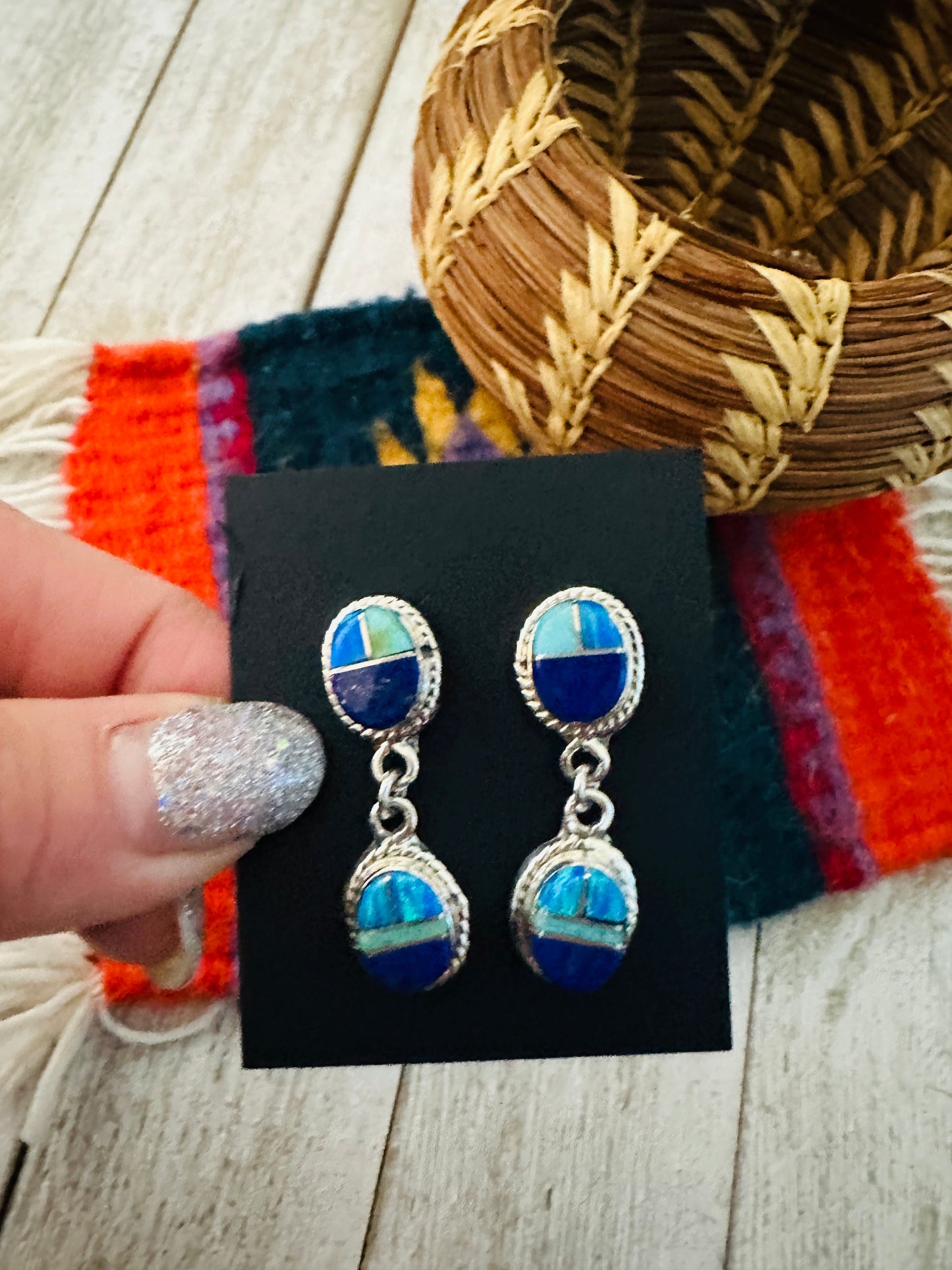 Handcrafted Sterling Silver & Multi Stone Inlay Dangle Earrings