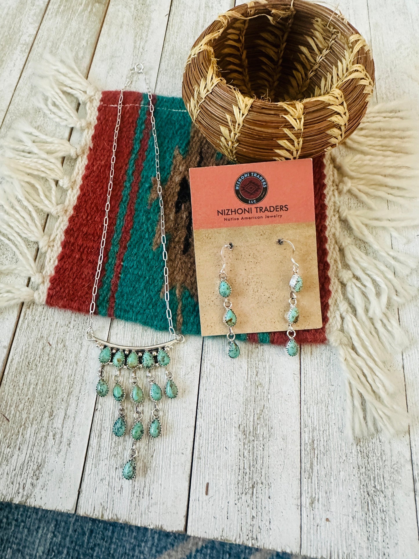 Handcrafted Sterling Silver & Turquoise Chandelier Necklace and Earring Set