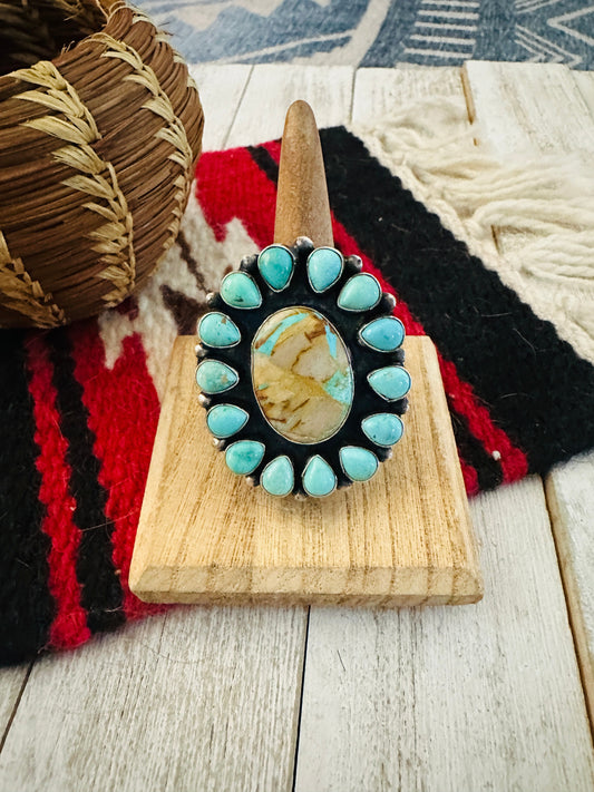 Handcrafted Ribbon Turquoise & Sterling Silver Cluster Ring Size 8