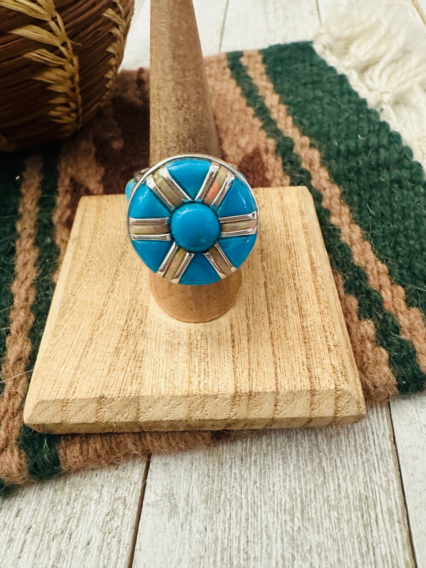 Handcrafted Sterling Silver, Turquoise & Opal Inlay Band Ring Size 7.5