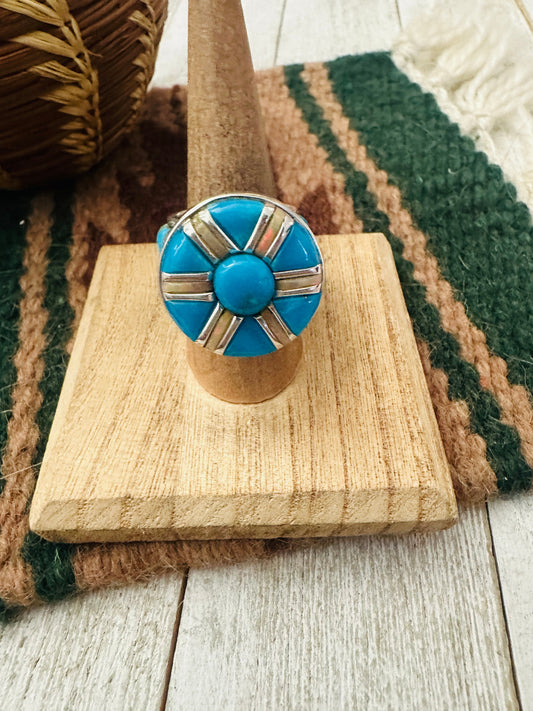 Handcrafted Sterling Silver, Turquoise & Opal Inlay Band Ring Size 7.5