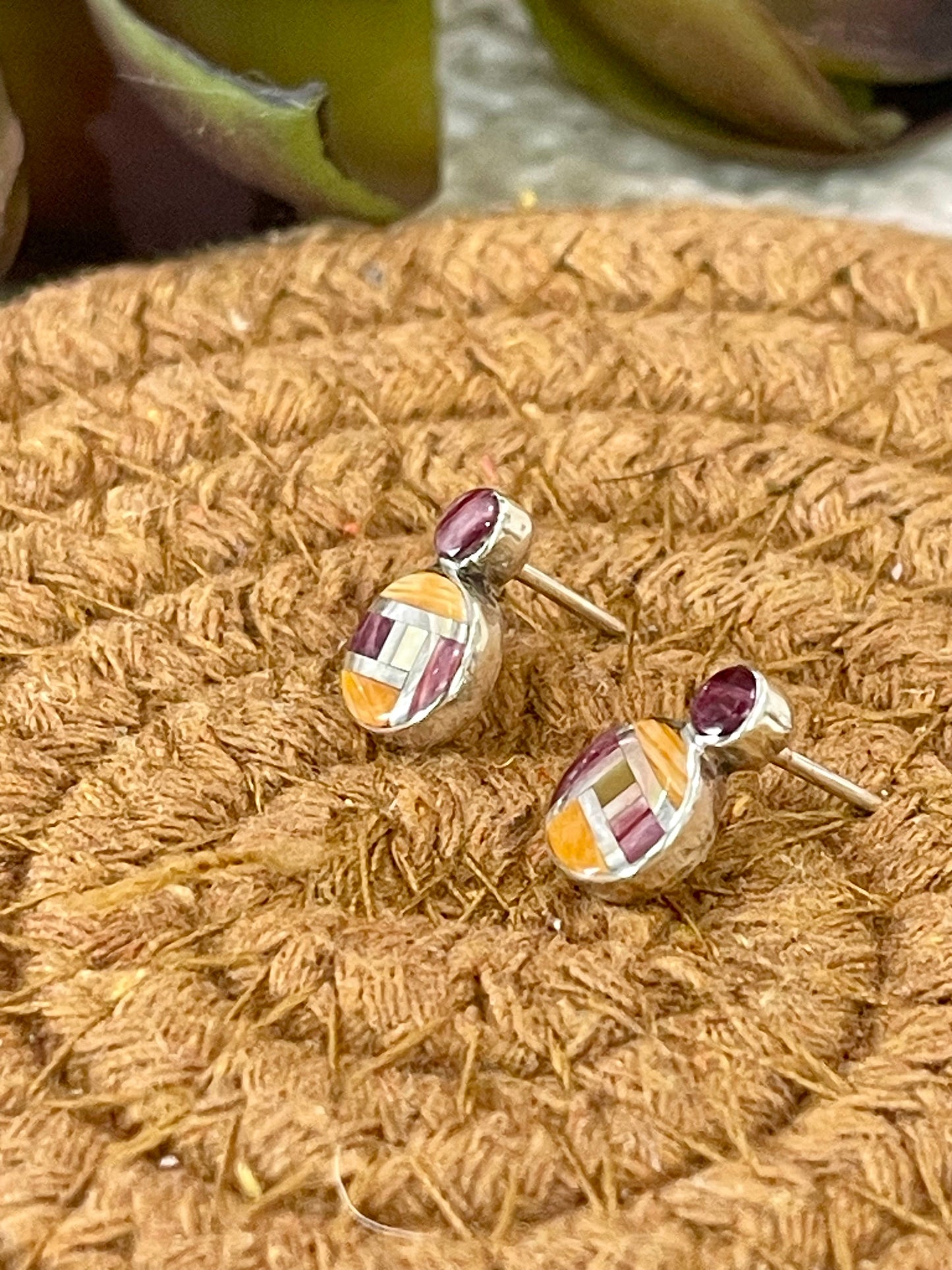 Beautiful Handmade Sterling Silver & Multi Stone Inlay Stud Earrings