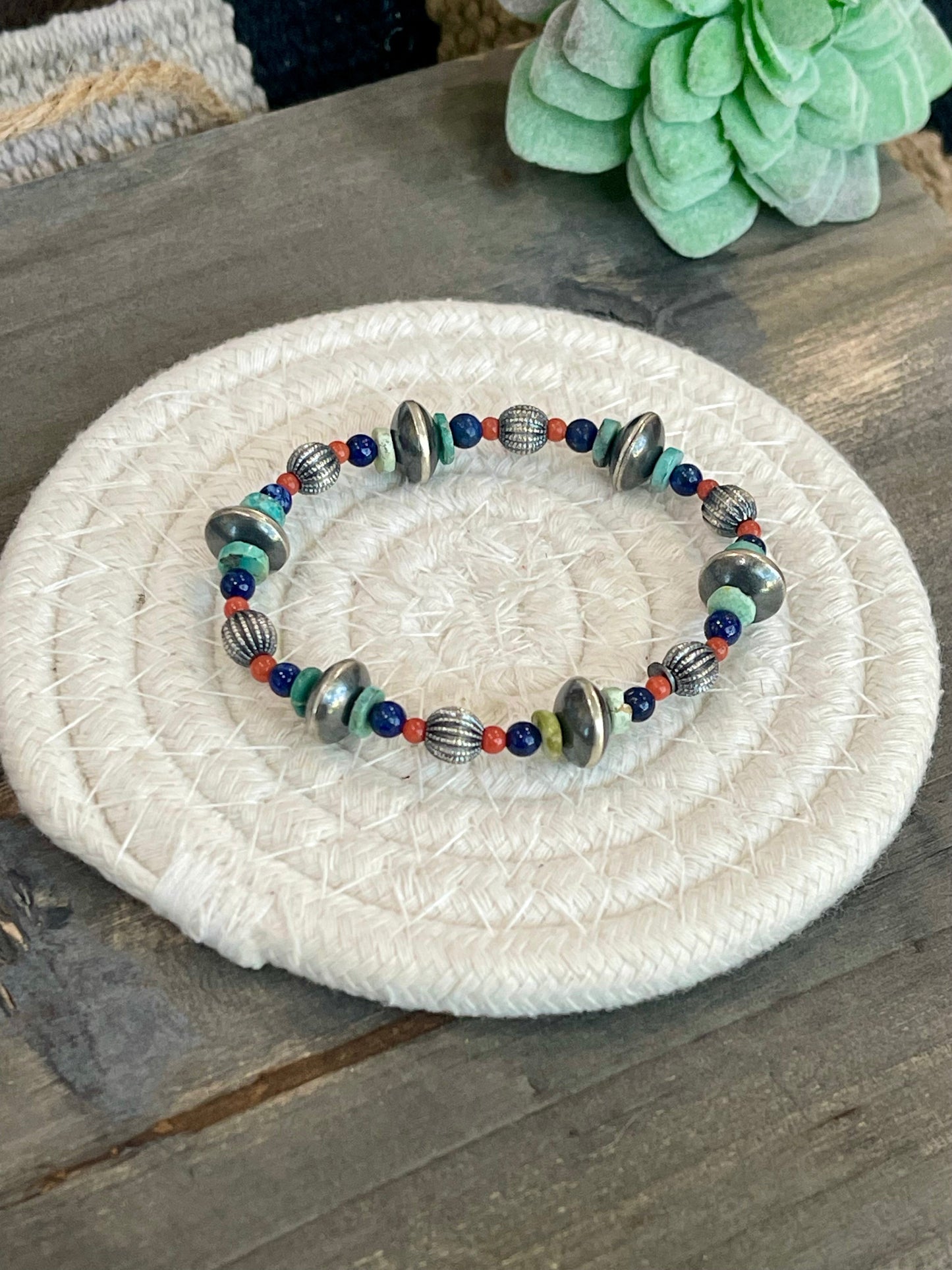 Handmade Sterling Silver Multi Stone Beaded Stretch Bracelet