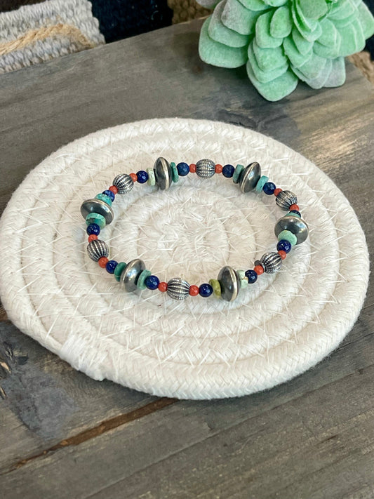 Handmade Sterling Silver Multi Stone Beaded Stretch Bracelet
