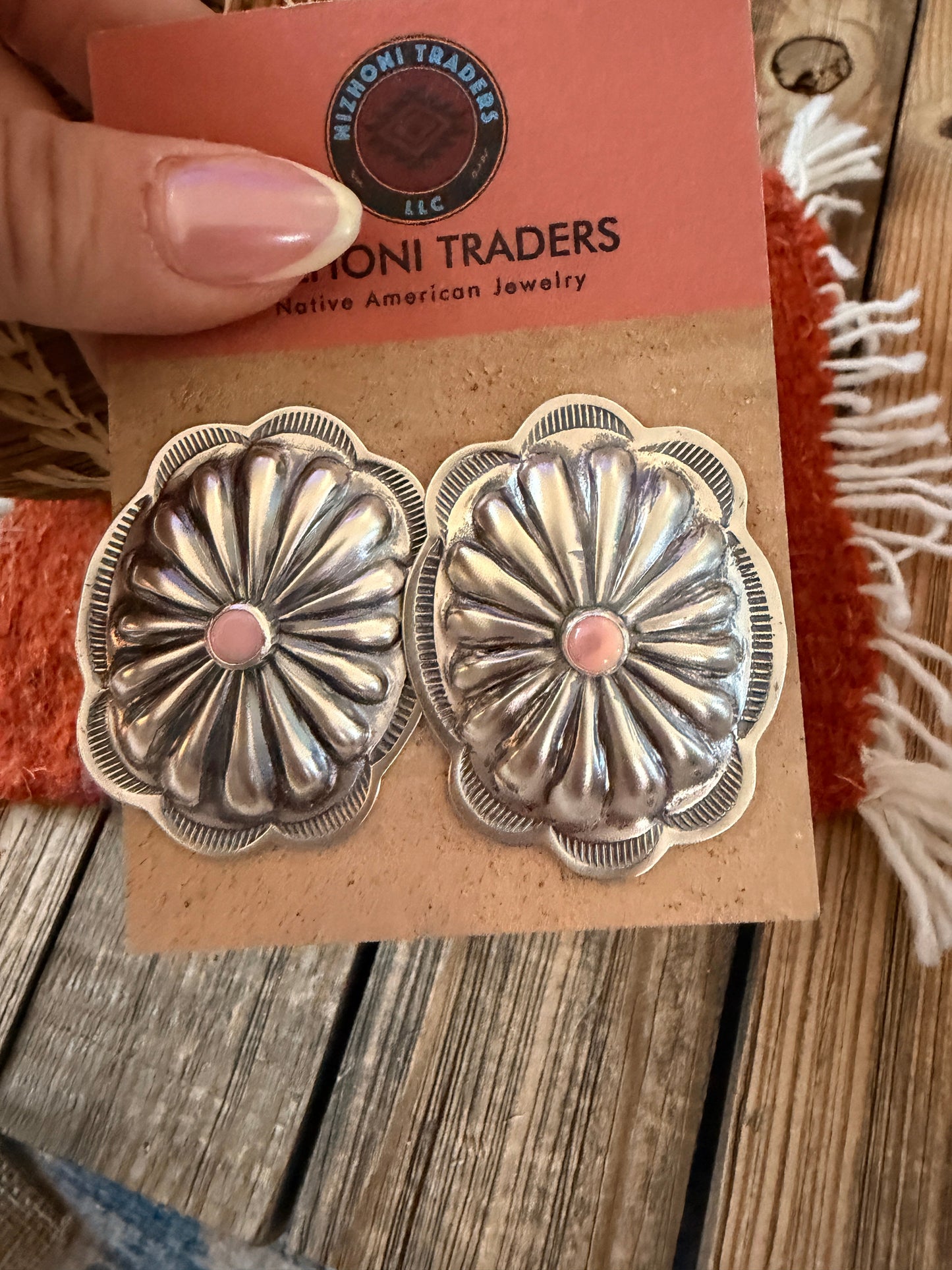 Handcrafted Queen Pink Conch & Sterling Silver Concho Post Earrings