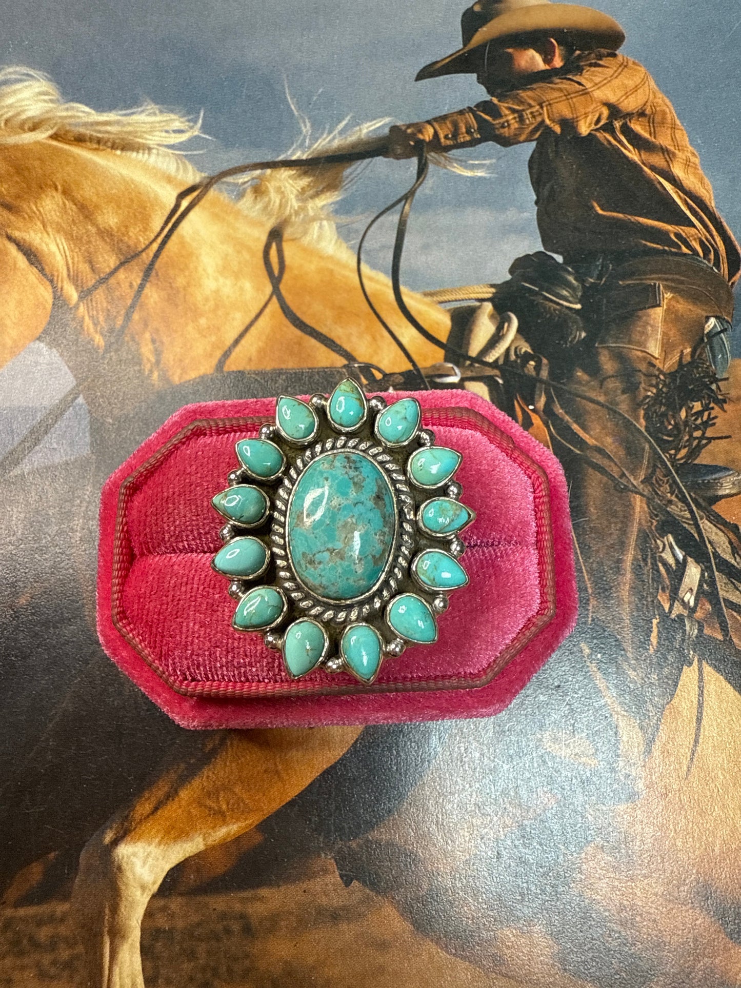 Handmade Kingman Turquoise & Sterling Adjustable Cluster Oval Ring