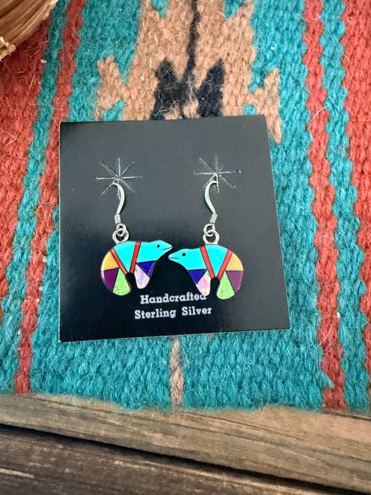 Handcrafted Multi Stone & Sterling Silver Inlay Fetish Bear Dangle Earrings