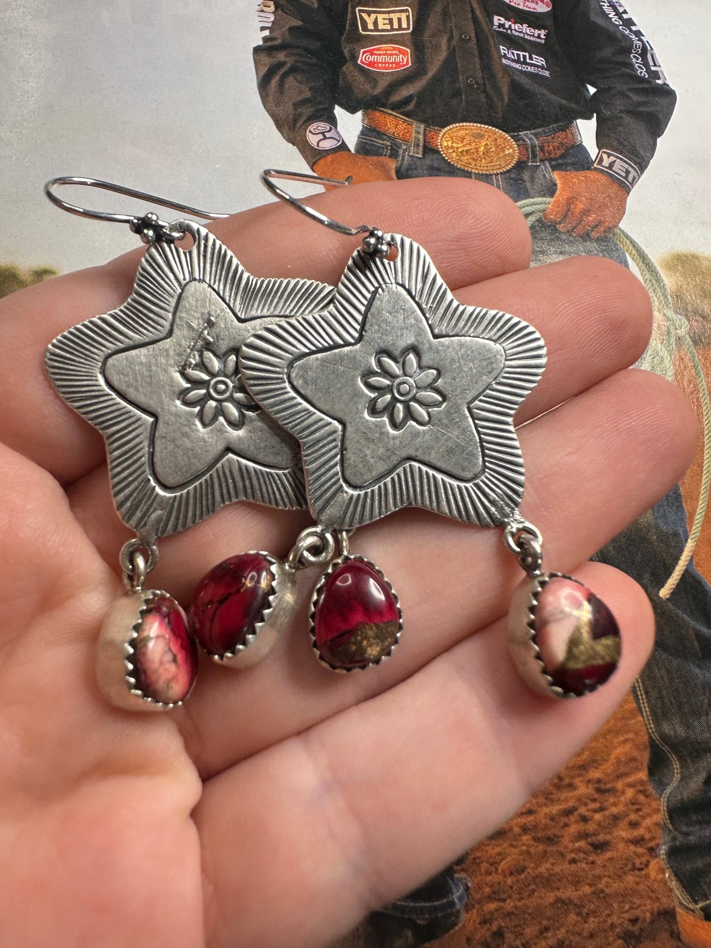 Handmade Sterling Silver Dahlia Rose Triangle STAR Dangle Earrings