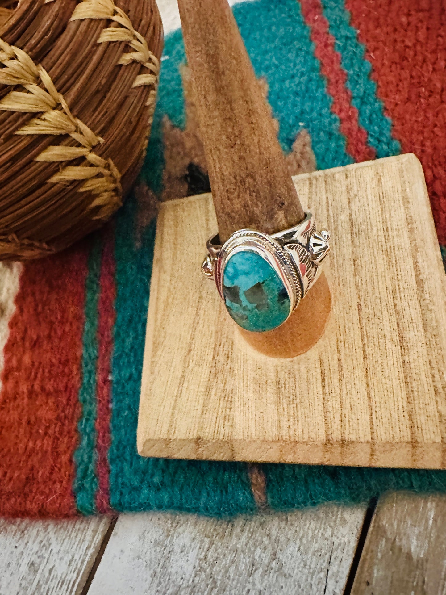 Handcrafted Sterling Silver & Turquoise Teardrop Cigar Band Ring Size 9