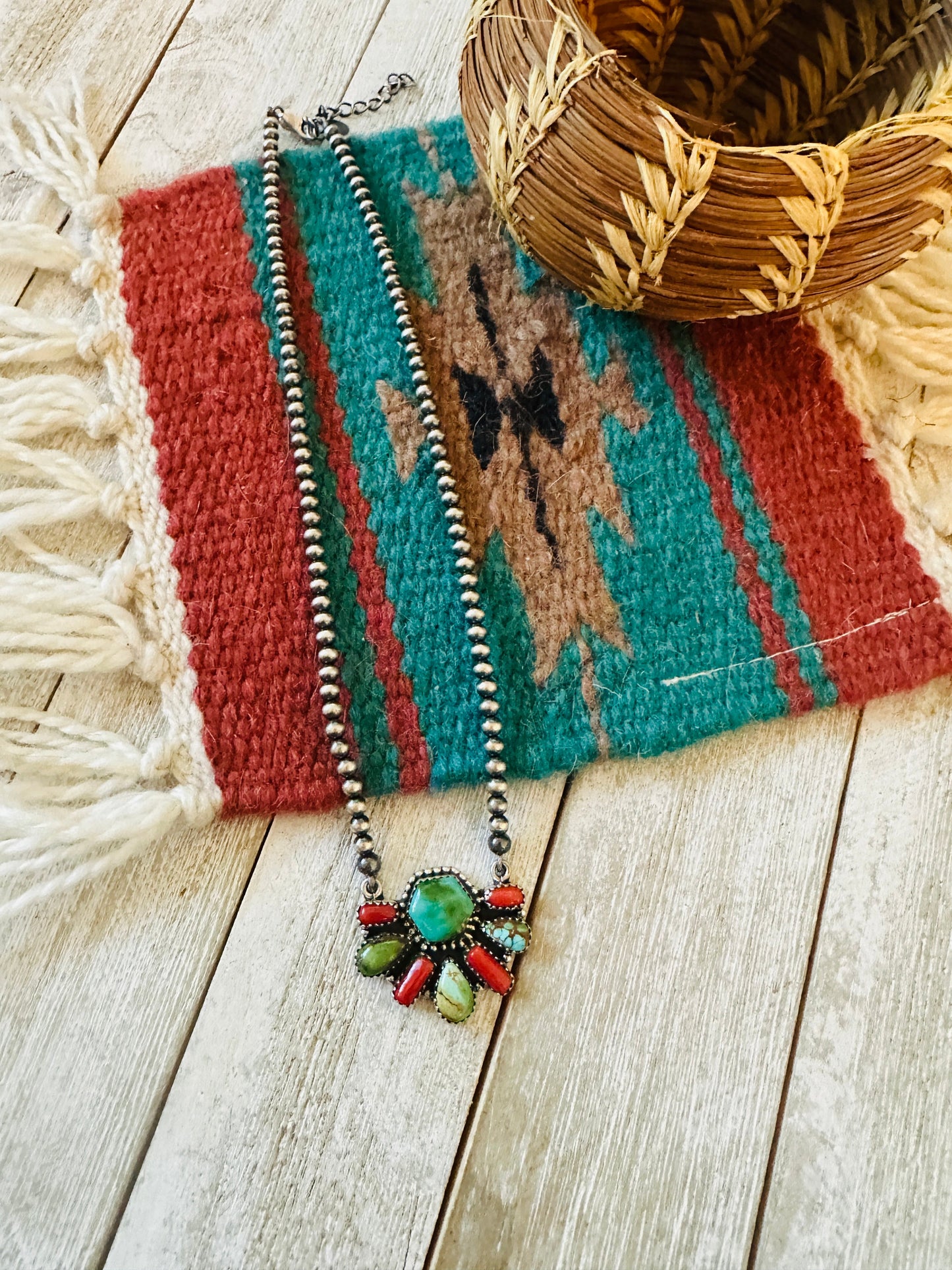 ** Christmas Collection ** Handmade Sterling Silver, Turquoise & Coral Necklace Signed Nizhoni