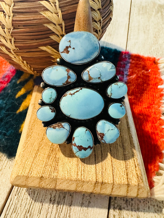 Handcrafted Golden Hills Turquoise & Sterling Silver Cluster Ring Size 8.25 by B. Yellowhorse
