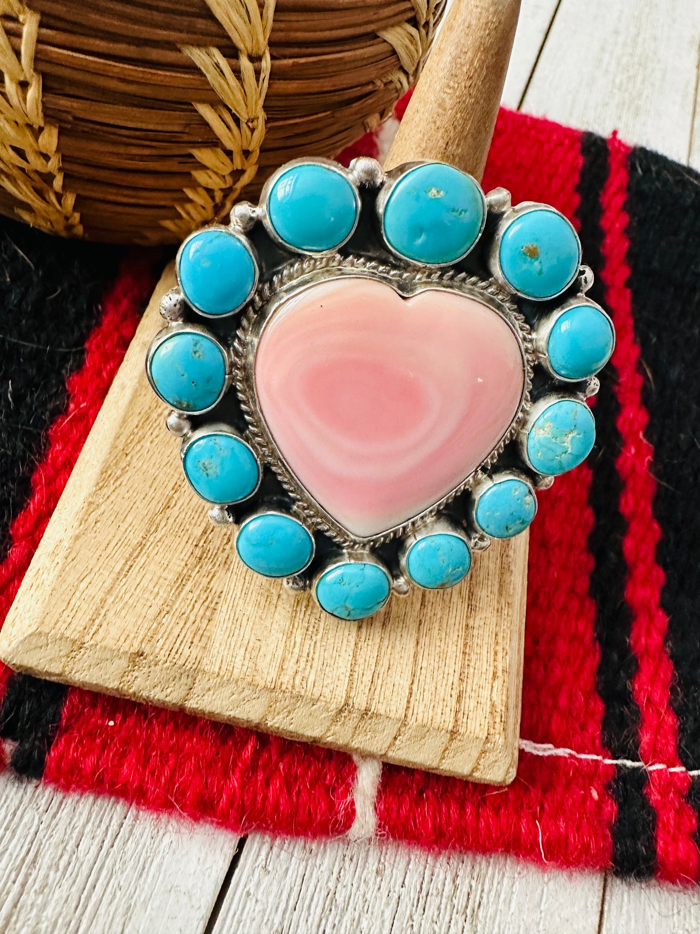 Handcrafted Sterling Silver, Queen Pink Conch & Turquoise Heart Adjustable Ring