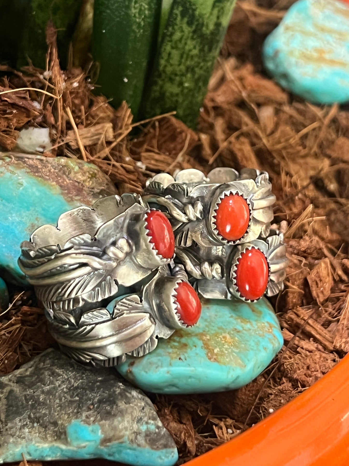 Handcrafted Sterling Silver Stout Feather Rings with Mediterranean Coral, Signed KM